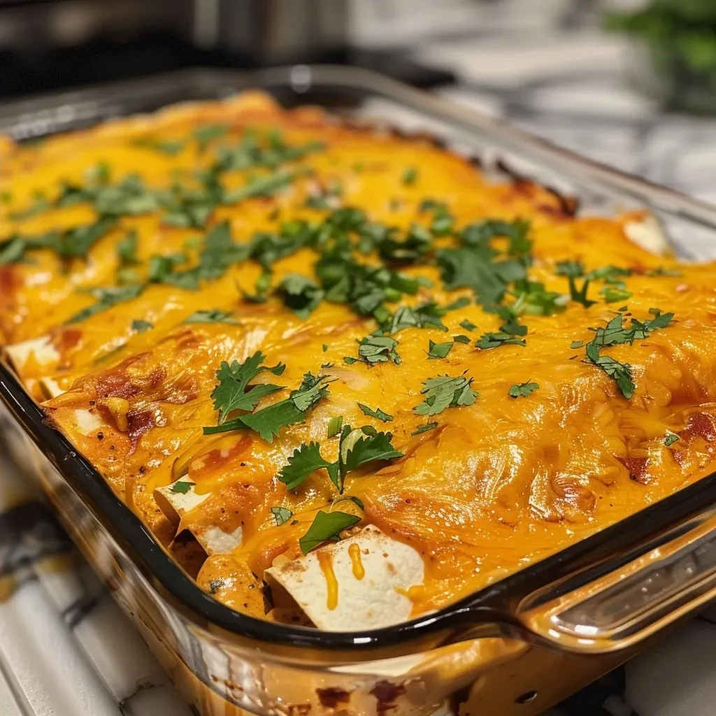 Side angle of a juicy chicken enchilada casserole with melted cheese and garnished with cilantro.