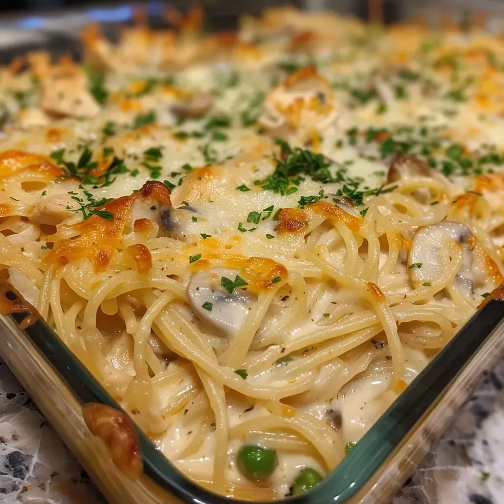 Juicy chicken tetrazzini served in a bowl with cheese and parsley on top.