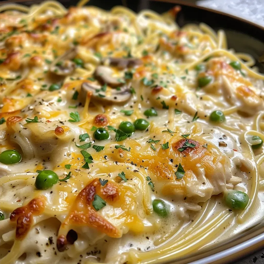 Close-up view of creamy chicken tetrazzini with spaghetti and green peas.