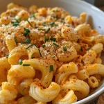 Close-up side view of creamy pumpkin mac and cheese with pasta shells.