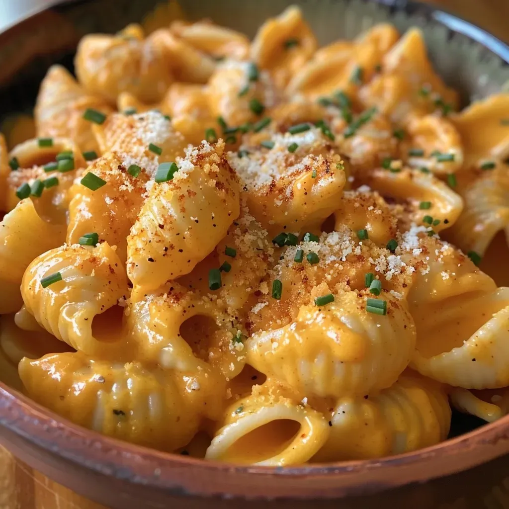 A mouthwatering serving of Easy Pumpkin Mac and Cheese topped with chives.