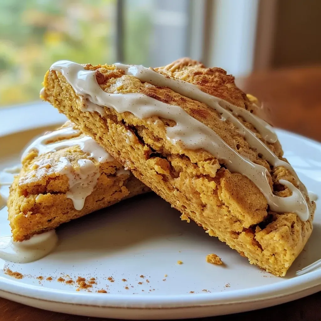 Side view of freshly baked pumpkin scones, displaying their soft interior.