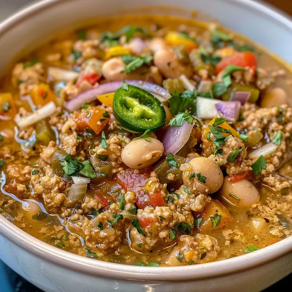 Side view of a hearty Easy White Bean Turkey Chili Verde with ingredients visible, including jalapeños and cheese.