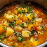 Close-up view of a steaming bowl of vibrant Fall Harvest Soup with various vegetables.