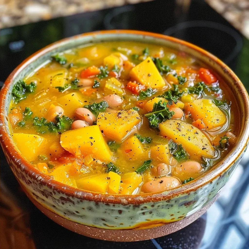 Side view of a hearty Fall Harvest Soup featuring colorful ingredients like butternut squash and kale.