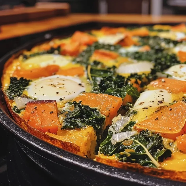 Harvest Harmony: The Frittata That Embraces Autumn’s Bounty A close-up view of a Fall Vegetable Frittata topped with kale and sweet potato.