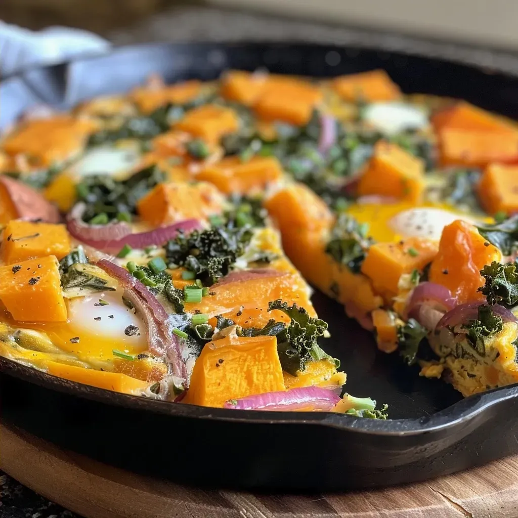 Side view of a golden brown frittata featuring chunks of sweet potato and vibrant green kale.