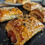 Close-up view of severed finger sausage rolls on a wooden surface.