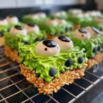 A side view of green Frankenstein Halloween Rice Krispie Treats with royal icing eyes and black sprinkles.