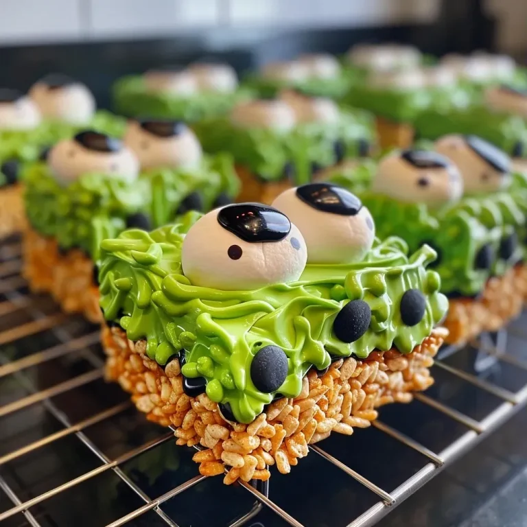 Monstrous Munchies: Crafting Spooktacular Frankenstein Rice Krispie Treats A side view of green Frankenstein Halloween Rice Krispie Treats with royal icing eyes and black sprinkles.