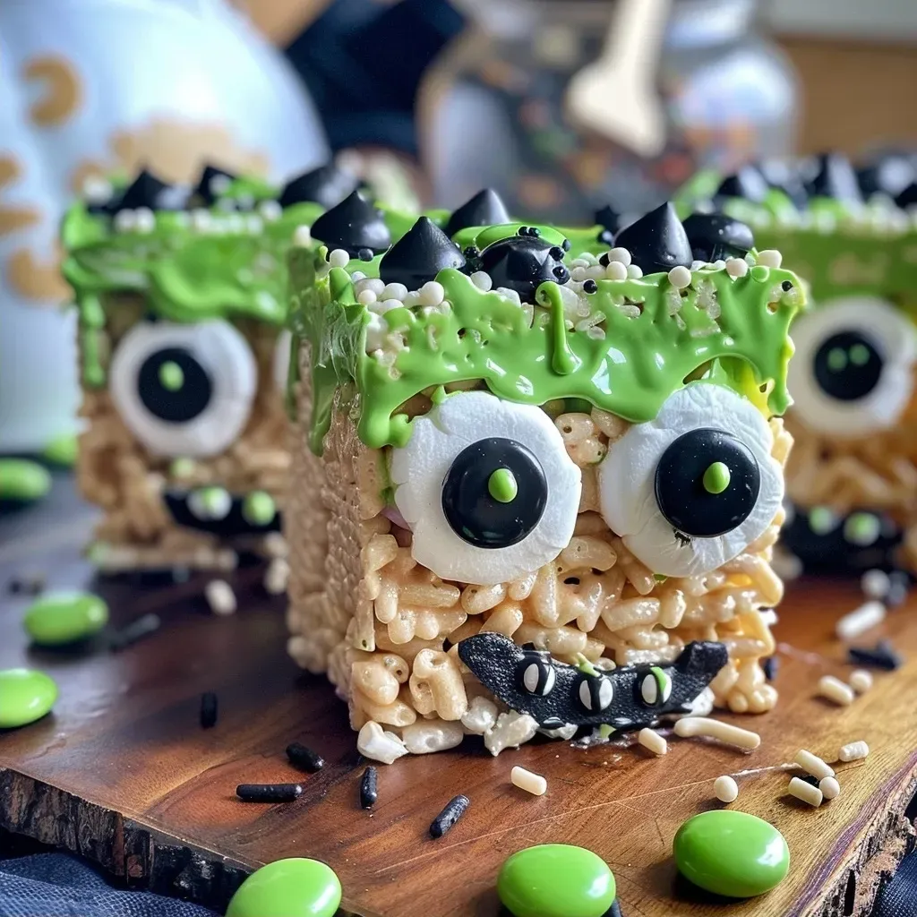Close-up of Rice Krispie treats shaped like Frankenstein, topped with candy melts and decorative eyes.