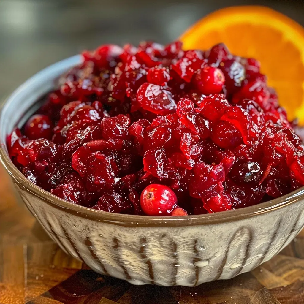 Side view of vibrant red cranberry relish in a bowl, garnished with orange zest.