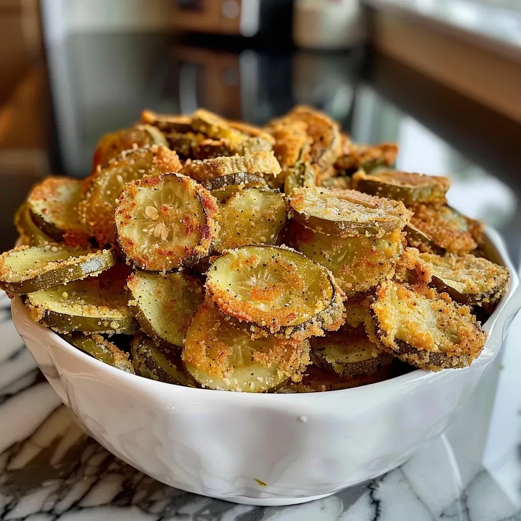 Side view of golden-brown fried pickles with a crunchy texture.
