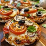 Close-up of a whimsical pizza face made from English muffins topped with various colorful ingredients.