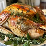 Juicy garlic herb butter roasted turkey breast with golden skin.