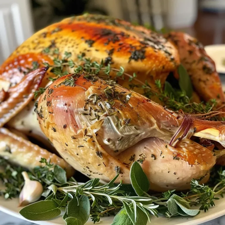 Celebrating Flavor: The Garlic Herb Butter Roasted Turkey Breast That Steals the Show Juicy garlic herb butter roasted turkey breast with golden skin.