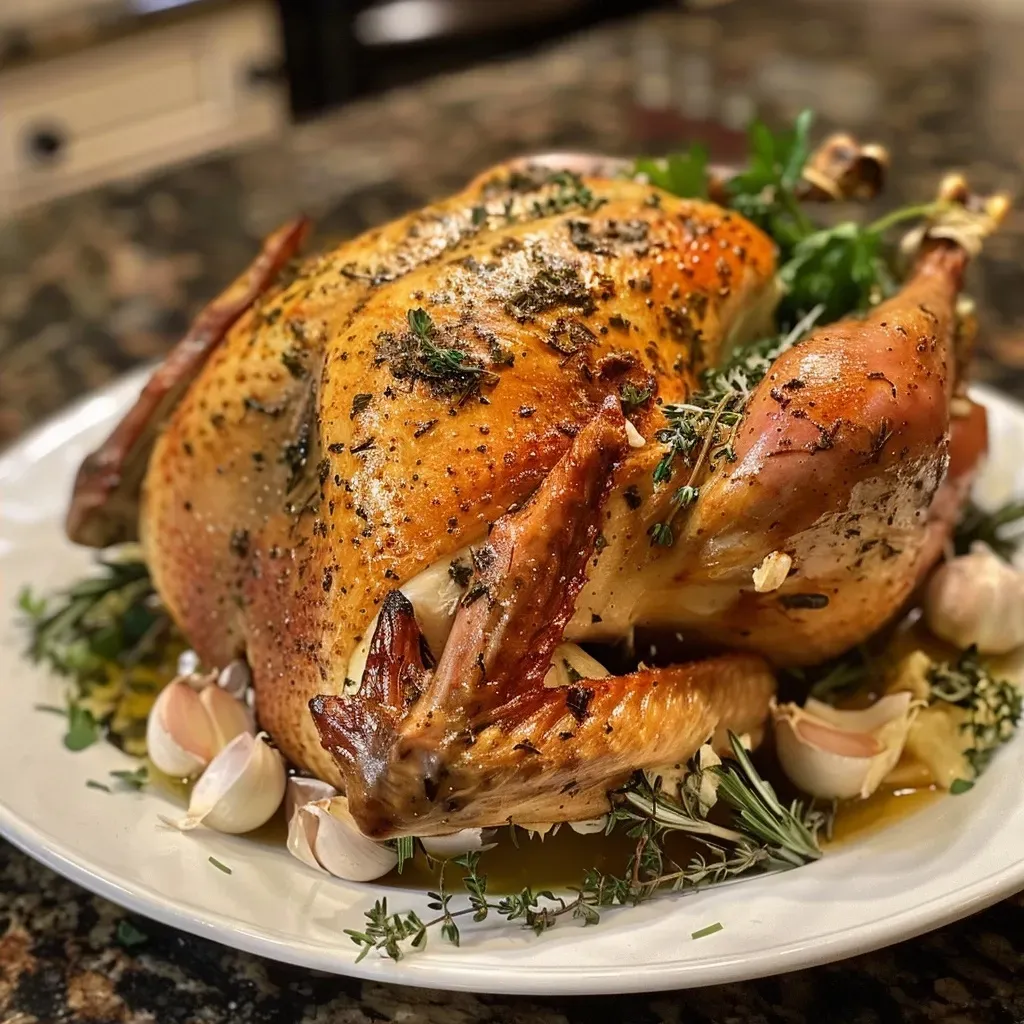 Side view of a succulent turkey breast, glistening with garlic herb butter.