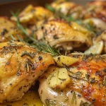 Juicy garlic herb roasted chicken thighs garnished with fresh herbs.