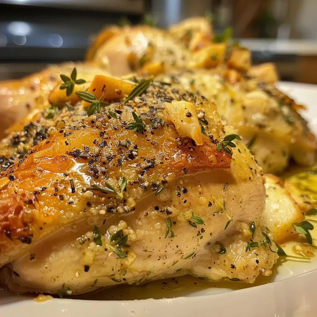 Close-up of golden-brown roasted chicken thighs with garlic and herbs.