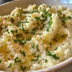 Close-up of creamy garlic mashed potatoes with chives on top.