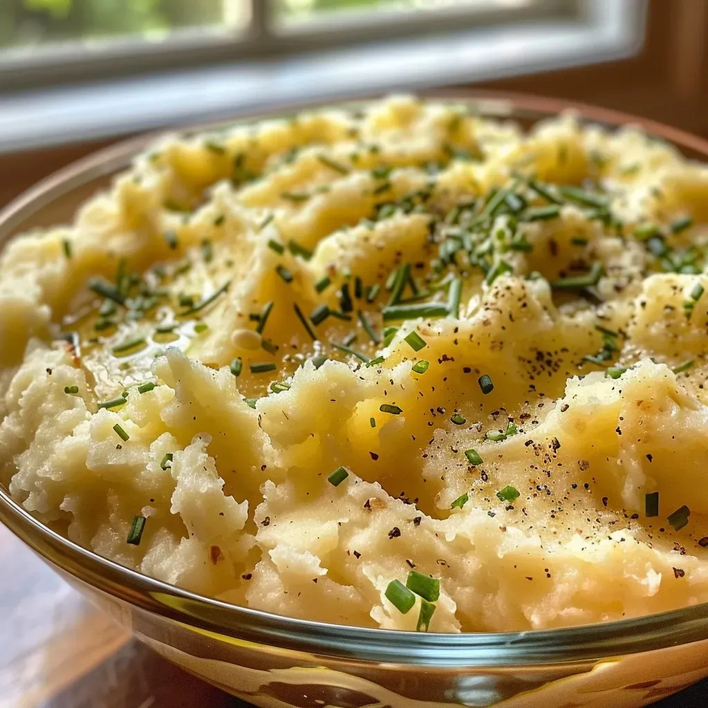 Juicy garlic mashed potatoes with a sprinkle of parsley, captured from the side.