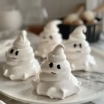 Close-up of ghost-shaped meringue cookies with a glossy white surface and black candy melt accents.