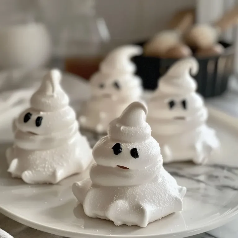 Close-up of ghost-shaped meringue cookies with a glossy white surface and black candy melt accents.