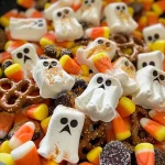 Close-up of a festive dessert board featuring ghost-shaped marshmallows, candy corn, gummy pumpkins, and chocolate-covered pretzels.
