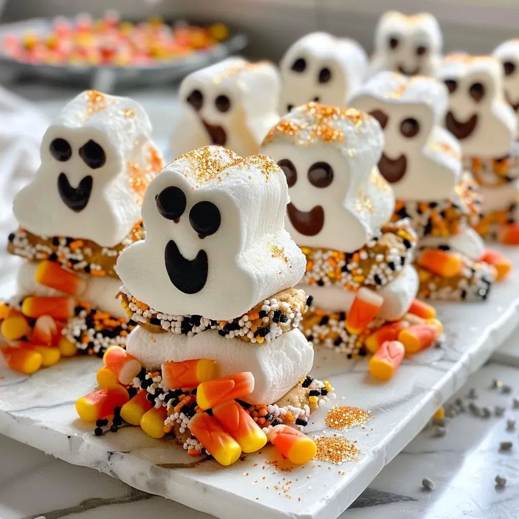Side view of a colorful dessert board adorned with ghostly marshmallows and various Halloween-themed candies.