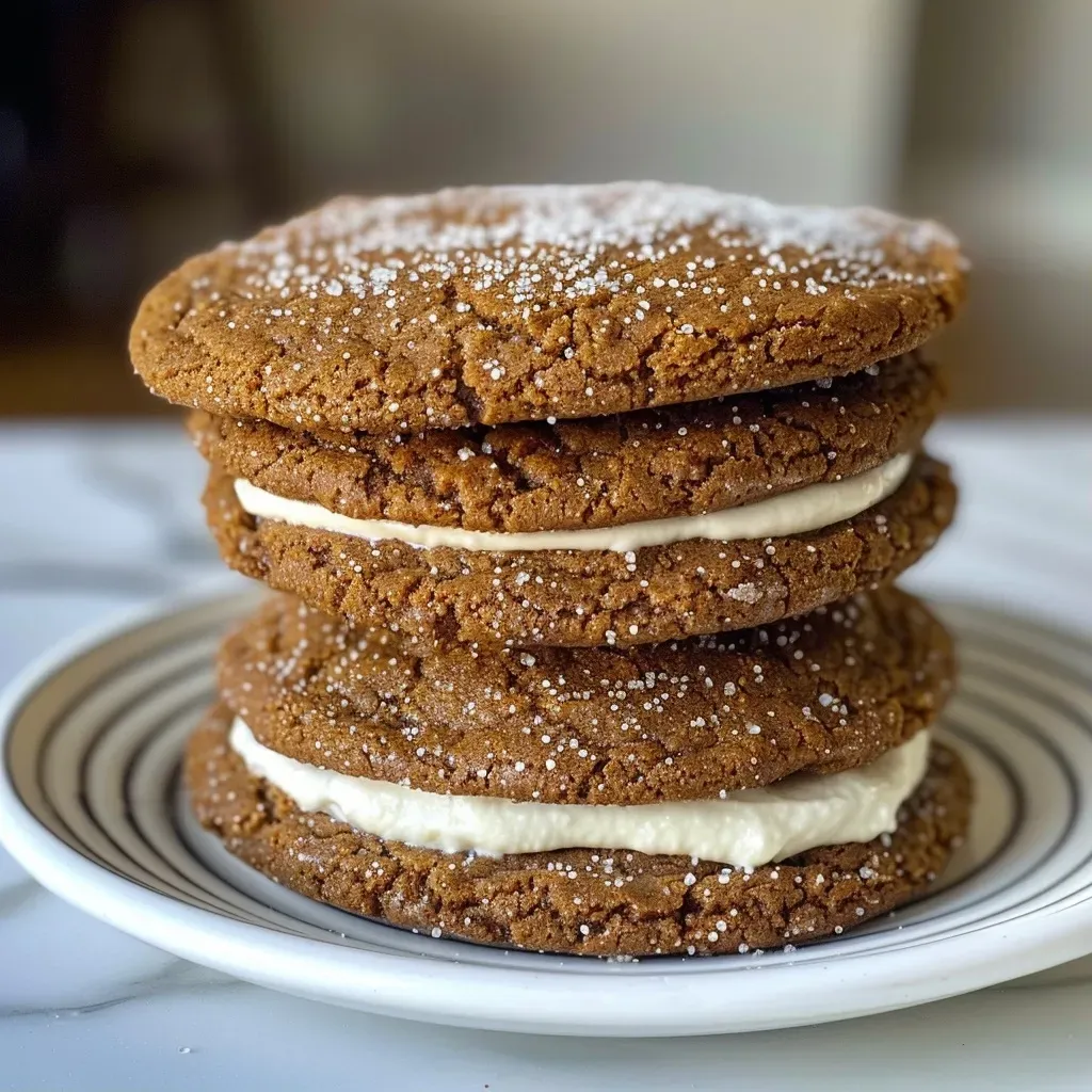 Close-up view of Ginger Molasses Cookie Sandwiches stacked on a plate.
