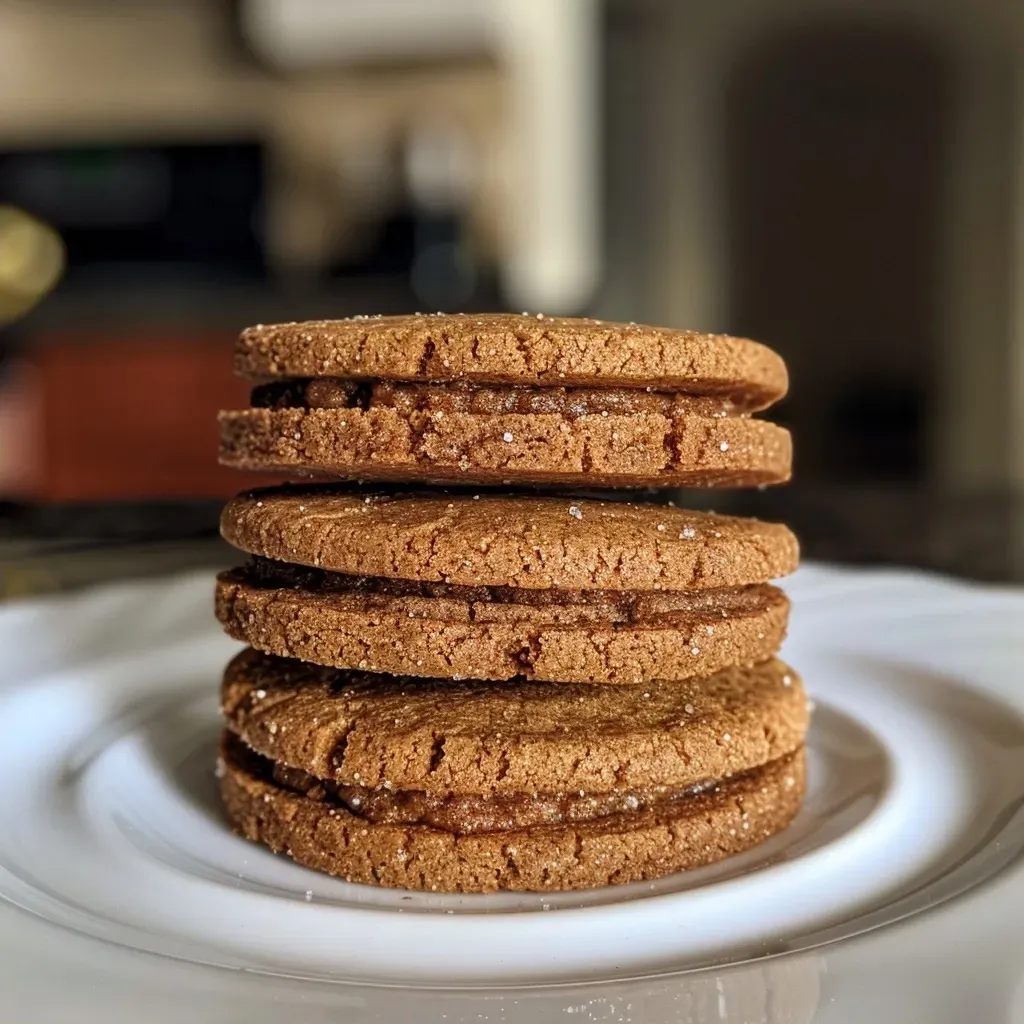 Side profile of a Ginger Molasses Cookie Sandwich showcasing creamy filling.