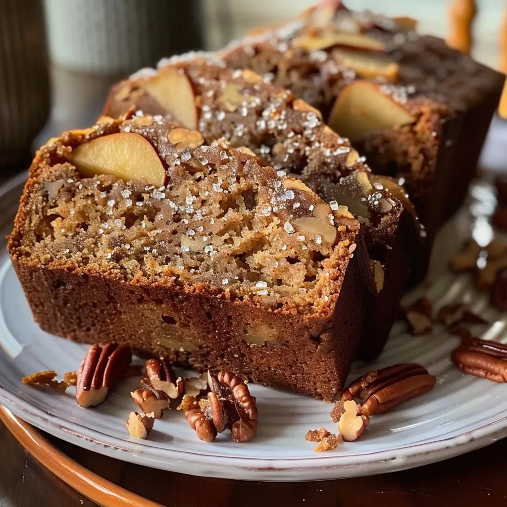 Slice of ginger pear bread showcasing the moist texture and visible chunks of pears and nuts.