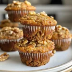 Close-up of a gluten-free carrot cake muffin with visible grated carrots and walnuts.