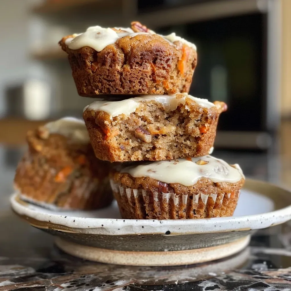 Side view of moist gluten-free carrot cake muffins topped with cream cheese frosting.