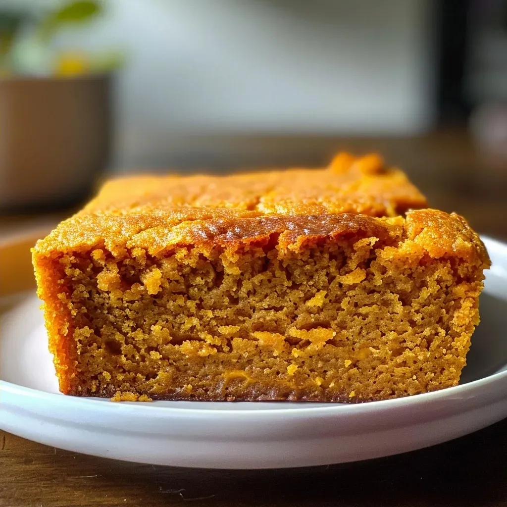 Side view of a piece of pumpkin cornbread, highlighting its golden-brown crust and fluffy interior.
