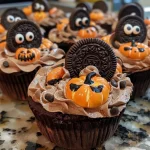 Close-up view of Graveyard Pudding Cookie Cups with cookie crusts, black frosting, candy pumpkins, and gummy worms.
