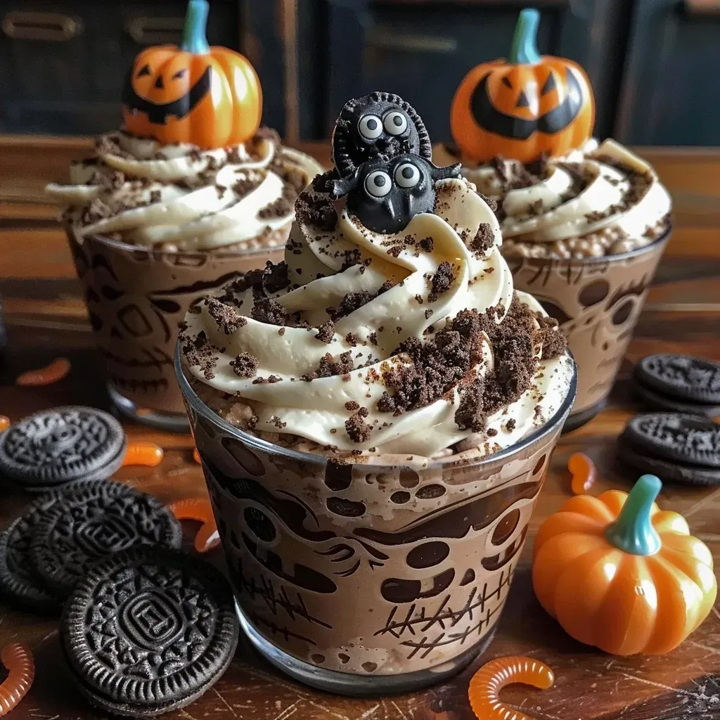 Side view of dessert cups filled with chocolate pudding, topped with Oreo crumbles and decorative candy.