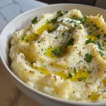 Close-up view of creamy Greek Yogurt Mashed Potatoes garnished with parsley.