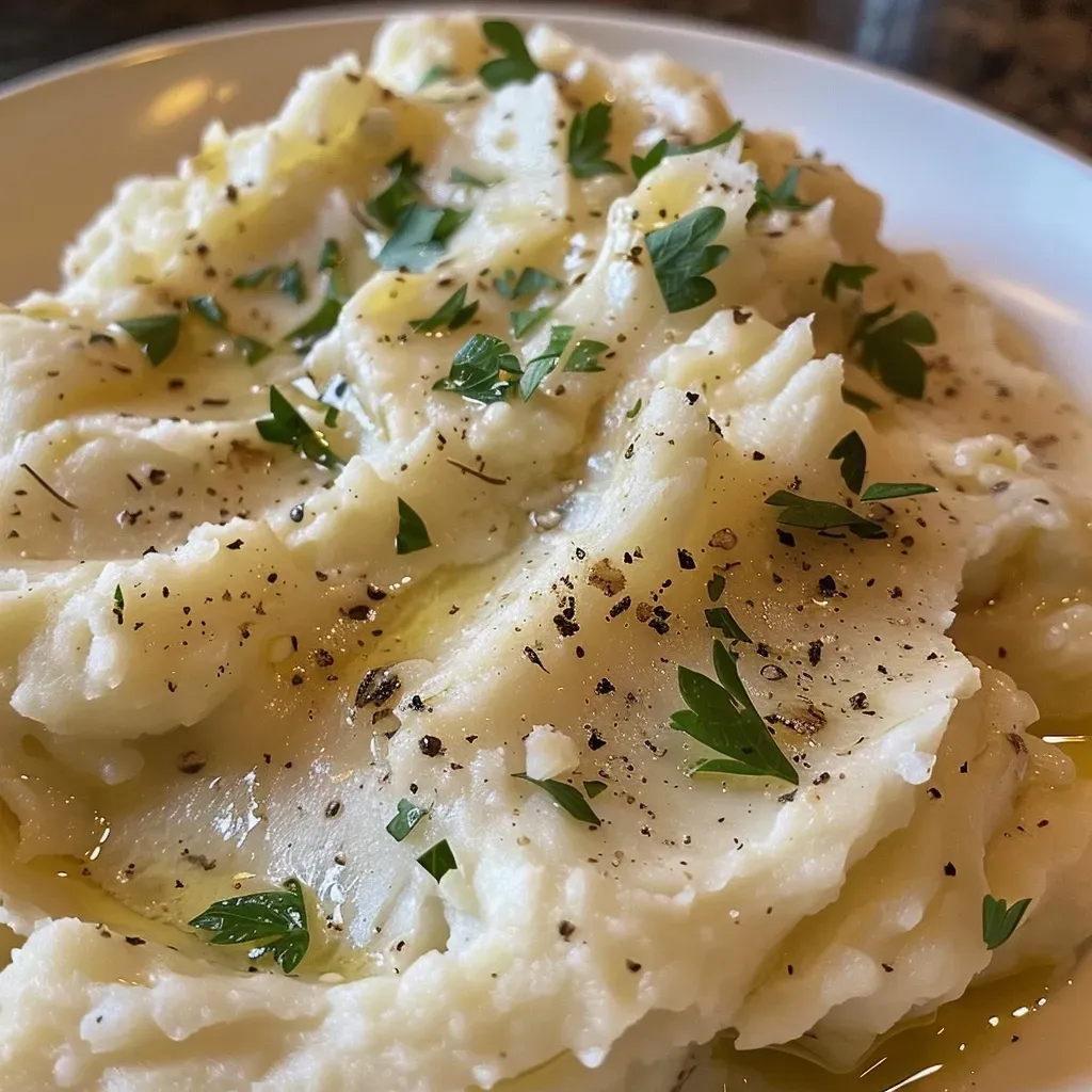 Side angle of Greek Yogurt Mashed Potatoes with a golden hue and fresh herbs.
