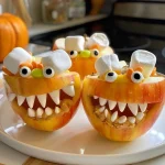 Close-up of Halloween-themed apple monster mouth snacks, featuring peanut butter and marshmallow teeth.