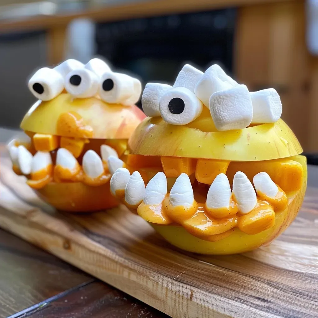 Side view of apple monster mouths with candy eyes, set against a simple background.