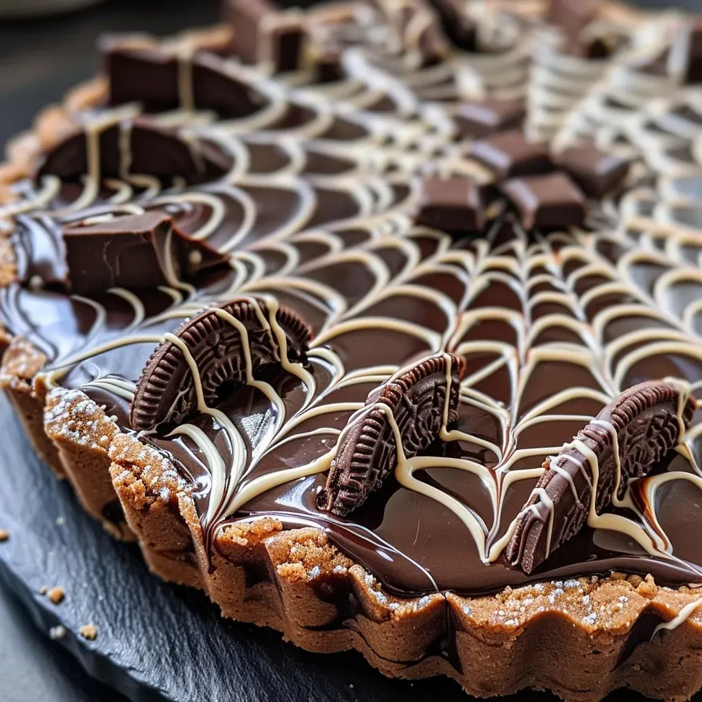 A delicious Halloween-themed tart with a glossy chocolate spiderweb topping and chocolate-covered almonds.