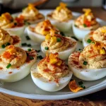 Close-up view of Halloween-themed deviled eggs with unique toppings.