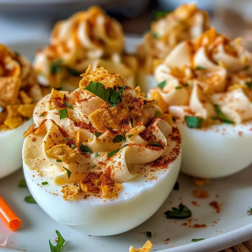 Side view of spooky deviled eggs decorated with corn chips and drinking straws.