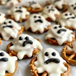 Close-up view of Halloween Ghost Pretzel Nuggets decorated with white candy melts and black edible marker.