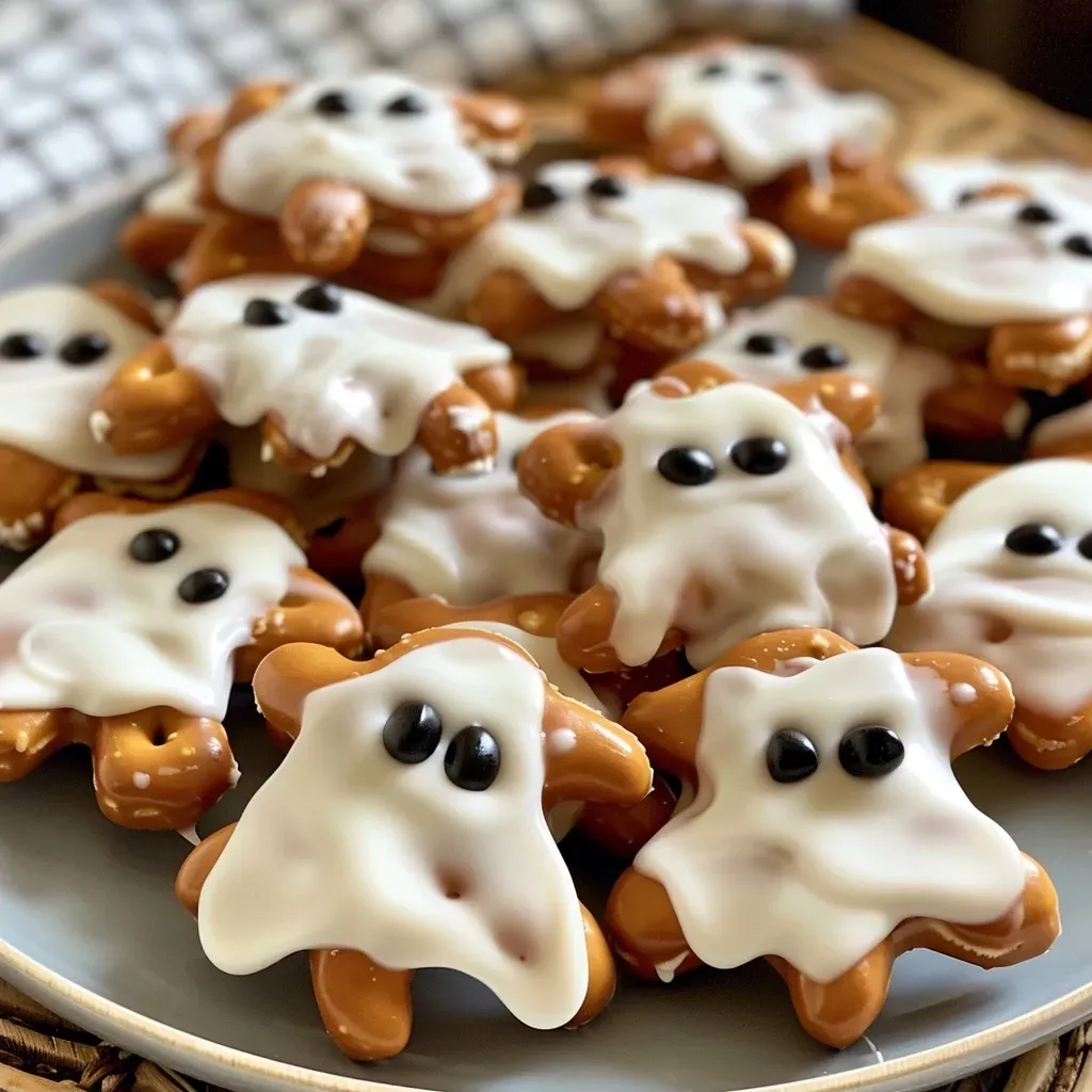 Juicy Halloween-themed pretzel nuggets shaped like ghosts, coated in white chocolate.