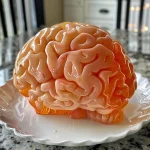 Close-up of a Halloween Jello brain dessert in a mold.