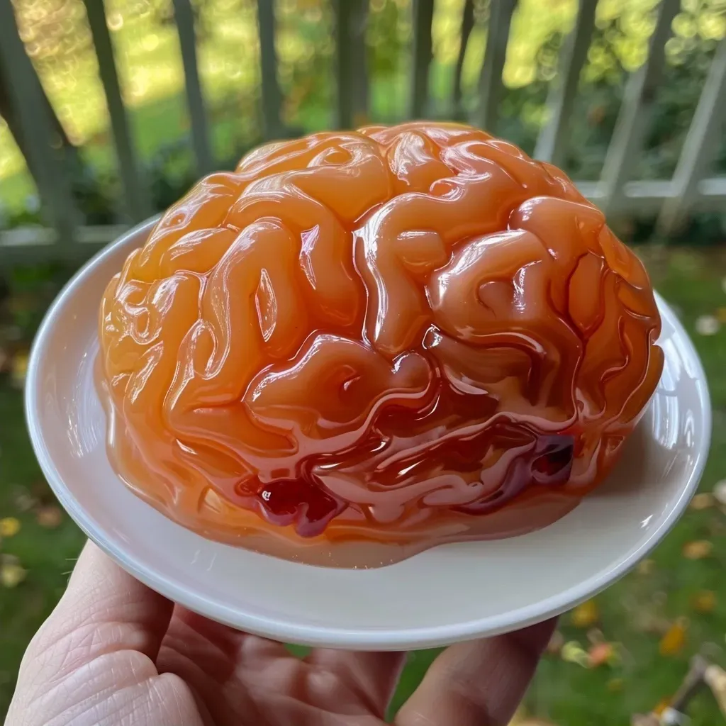 Juicy peach-flavored gelatin shaped like a brain for Halloween.