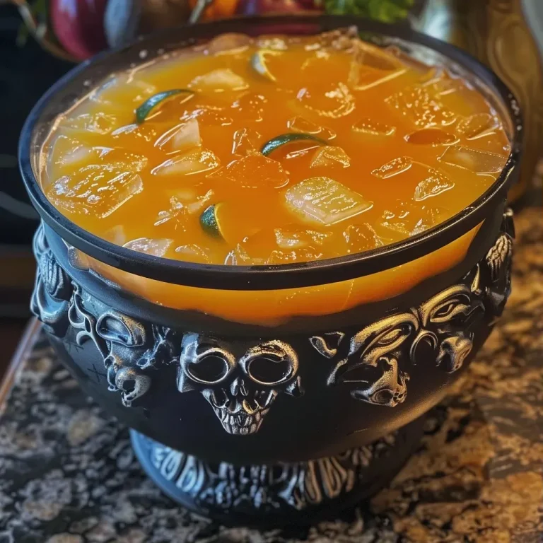 Enchanting Elixirs: The Witch’s Brew Punch That Casts a Spell on Every Celebration Close-up view of a cauldron filled with Halloween punch, showcasing vibrant colors and bubbles.