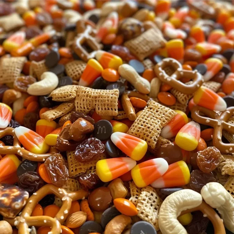 A Spooktacular Halloween Trail Mix to Fuel Your Festivities Close-up view of a colorful mix of Halloween-themed trail mix ingredients in a bowl.